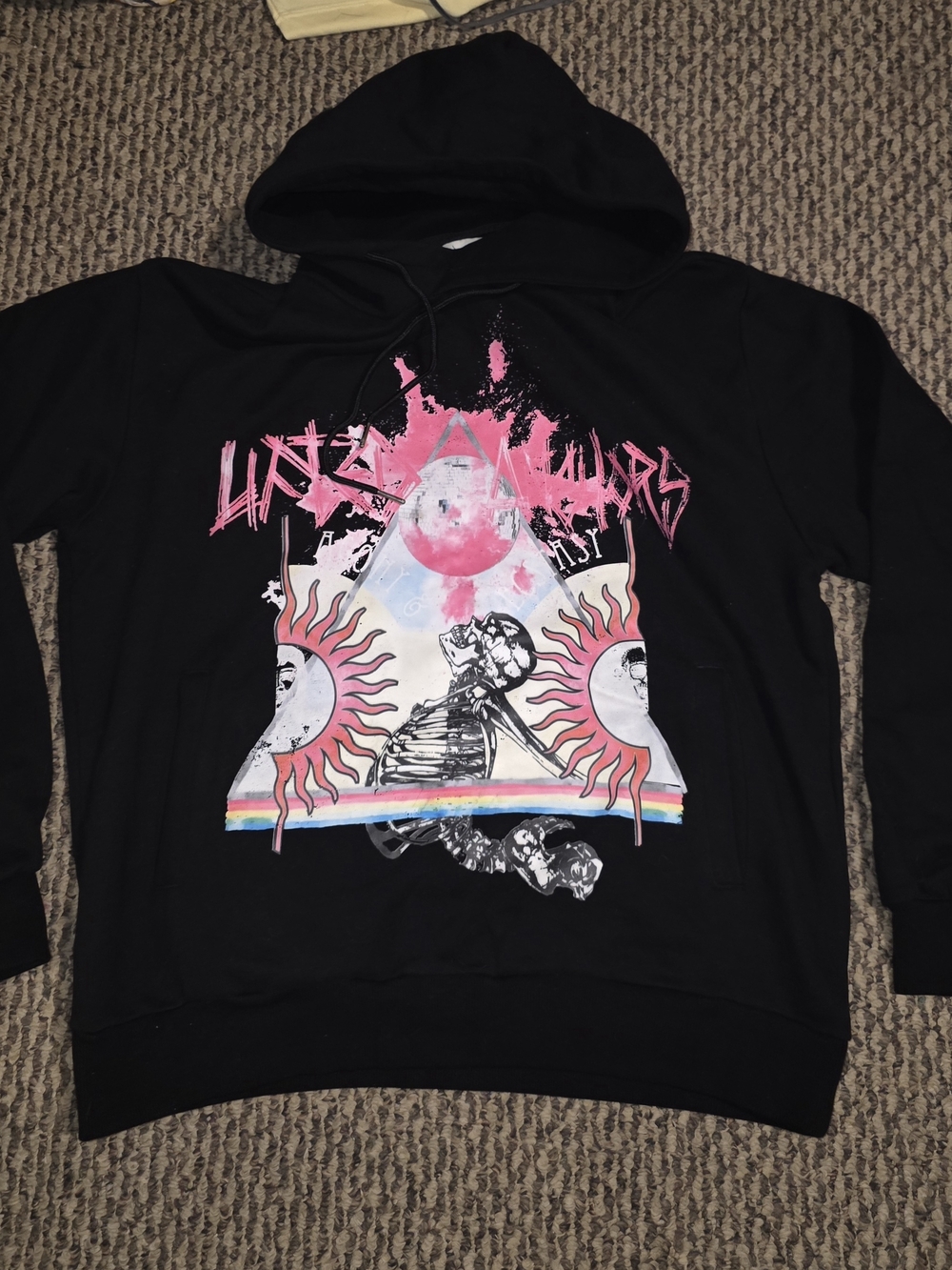 Lifted Anchors Black Graphic Hoodie with Neon Skull & Sun Design